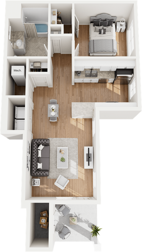Floor plan for 1 bed, 1 bath, 702 sqft